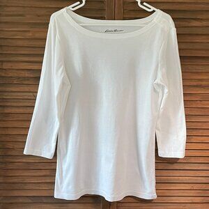 White Cotton 3/4 Sleeve Top w/ Asymetrical Shoulder Button Accent (Large)